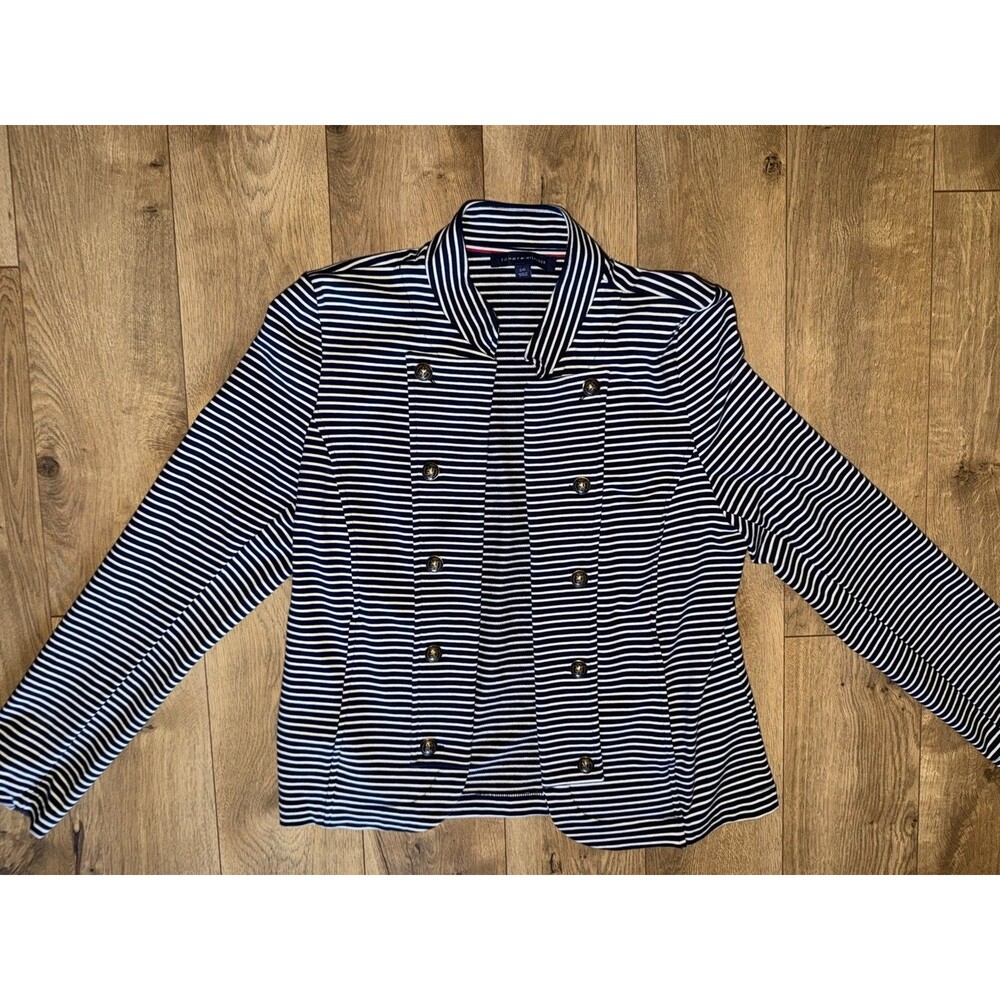 Tommy Hilfiger L Blue White Striped Blazer, Accent Buttons Long Sleeve, Pockets